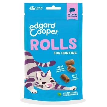 Edgard Cooper 'ROLLS for hunting' cat treat bag, blue, salmon & chicken, playful cat illustration, three brown rolls