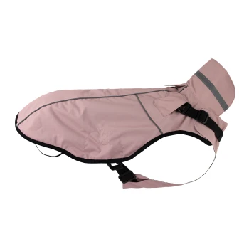 Helle rosa Hundejacke mit reflektierenden Streifen und verstellbaren Schnallen, entworfen für Wärme und Komfort während der Aktivitäten im Freien.