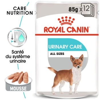Nourriture pour chien Royal Canin Urinary Care, 85g x 12, présentant une illustration de chien marron, promouvant la santé urinaire pour toutes les tailles.