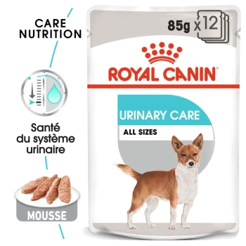 Nourriture pour chien Royal Canin Urinary Care, 85g x 12, présentant une illustration de chien marron, promouvant la santé urinaire pour toutes les tailles.