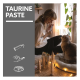 Werbebild: Feld 'TAURINE PASTE' und Person füttert graue Katze mit Taurinpaste aus Tube auf gemütlichem Bett am Fenster.