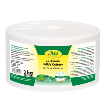 Lick Stone Wildkräuter für Pferde, Schafe, Ziegen und andere Tiere, 3 kg Paket von cdVet, mit Zutaten und Nährwertinformationen.