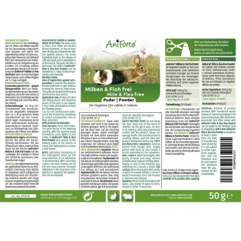 Aniforte Mite & Flea Free Pulver für Kaninchen und Nagetiere, 50g Packung mit Anwendungshinweisen und Sicherheitsinformationen.