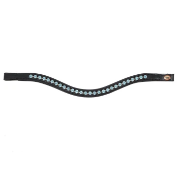 Schwarzes Leder-Haustierhalsband, verziert mit hellblauen Strasssteinen, mit einem geschwungenen Design und einem kleinen Logo-Tag.