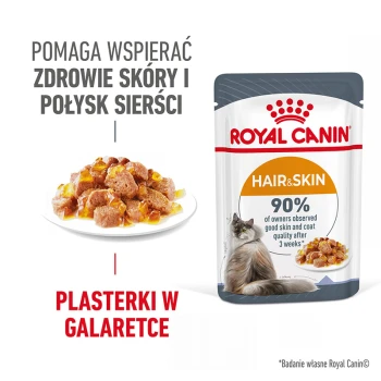 Saszetka karmy dla kotów Royal Canin Hair & Skin, z talerzem kawałków mięsa w galaretce, z tekstem podkreślającym korzyści dla zdrowia skóry i sierści.