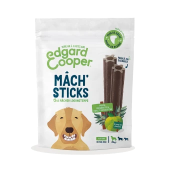 Emballage de friandises pour chiens mettant en avant les bâtonnets Mâch' d'Edgard Cooper, avec une illustration de chien souriant, indiquant '7 bâtonnets' et 'pauvre en calories.'