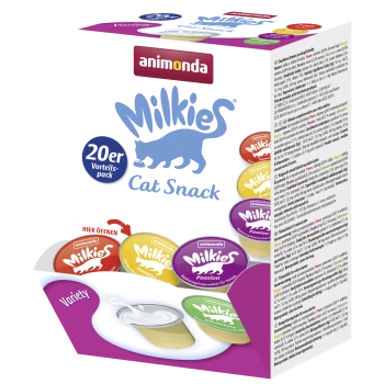 Packung Animonda Milkies Cat Snack, Sortimentspack 20er Vorteils-Pack, blaues Katzenlogo, einzelne bunte Becher.