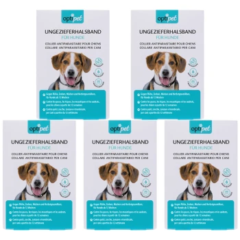 Vier identische Boxen mit "optipet" antiparasitären Halsbändern für Hunde, beschriftet in Deutsch und Französisch, mit einem Hundebild auf jeder Box.