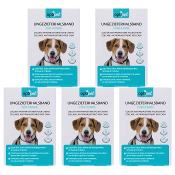Vier identische Boxen mit "optipet" antiparasitären Halsbändern für Hunde, beschriftet in Deutsch und Französisch, mit einem Hundebild auf jeder Box.