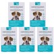 Vier identische Boxen mit "optipet" antiparasitären Halsbändern für Hunde, beschriftet in Deutsch und Französisch, mit einem Hundebild auf jeder Box.