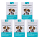 Vier identische Boxen mit "optipet" antiparasitären Halsbändern für Hunde, beschriftet in Deutsch und Französisch, mit einem Hundebild auf jeder Box.