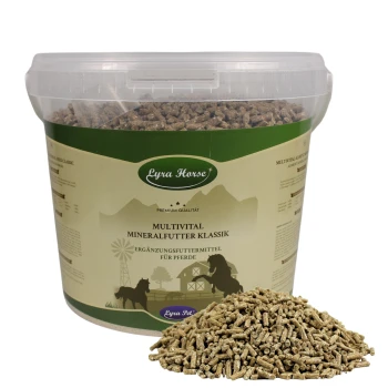 Eimer Lyra Horse 'Multivital Mineralfutter Klassik' Pferdefutter mit einem Haufen brauner Pellets.