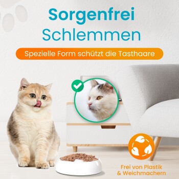 Zwei Katzen neben einer weißen Futterschale; Text: 'Carefree feasting', 'Special shape protects whiskers', 'Free of plastic & softeners'.