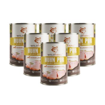 Dose Wildfang Huhn Pur B.A.R.F. Qualitäts-Hundefutter mit Bild von rohem Huhn auf dem Etikett.
