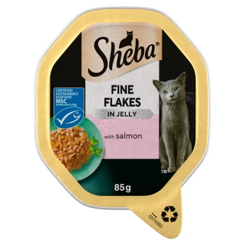 Sheba cat food tray: Fine Flakes in Jelly with salmon, 85g, gold pack with cat image and MSC sustainable seafood logo.