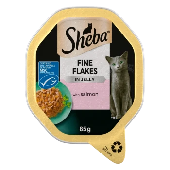 Sheba cat food tray: Fine Flakes in Jelly with salmon, 85g, gold pack with cat image and MSC sustainable seafood logo.