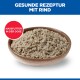 Schüssel mit zerkleinertem Nassfutter (Rind). Text: 'GESUNDE REZEPTUR MIT RIND'. Rotes Abzeichen: 'NASSFUTTER IN DER DOSE'.
