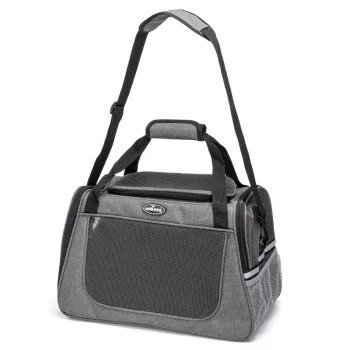 Graue Tragetasche für Haustiere mit Netzpaneelen, gepolstertem Griff und verstellbarem Schultergurt, mit einem Logo auf der Vorderseite.