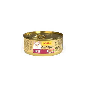 JosiCat Finest Mousse mit Rind Katzenfutterdose, 85g, getreidefreie Rezeptur, ohne Zuckerzusatz, Bild einer Katze und Mousse-Portion.