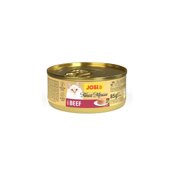 JosiCat Finest Mousse mit Rind Katzenfutterdose, 85g, getreidefreie Rezeptur, ohne Zuckerzusatz, Bild einer Katze und Mousse-Portion.