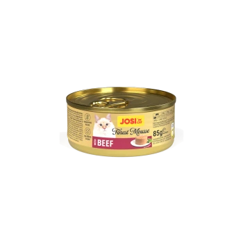 JosiCat Finest Mousse mit Rind Katzenfutterdose, 85g, getreidefreie Rezeptur, ohne Zuckerzusatz, Bild einer Katze und Mousse-Portion.