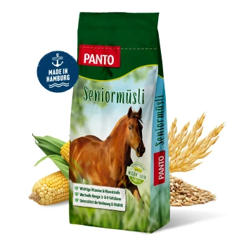 PANTO Pferdefutterbeutel mit einem braunen Pferd, mit Text, der wichtige Vitamine, Omega-3- und 6-Fettsäuren sowie Verdauungsunterstützung hervorhebt.