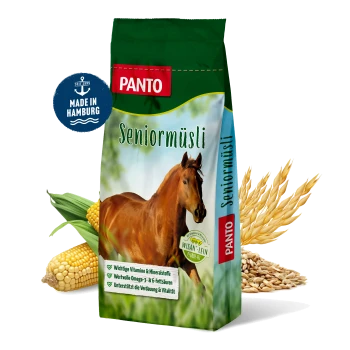 PANTO Pferdefutterbeutel mit einem braunen Pferd, mit Text, der wichtige Vitamine, Omega-3- und 6-Fettsäuren sowie Verdauungsunterstützung hervorhebt.