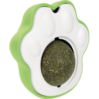 Grün-weißes katzenpfotenförmiges Katzenminzspielzeug mit einer runden, gepressten Katzenminzkugel in der Mitte.