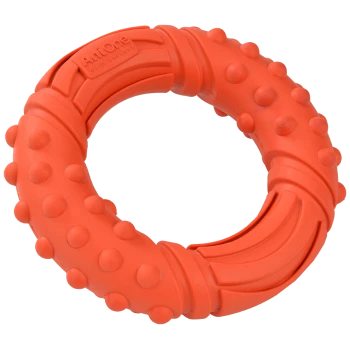 Helle orangefarbene Gummihundespielzeug in runder Form mit strukturierten Erhebungen für Griff und Spiel. Mit 'AntOne'-Markierung.