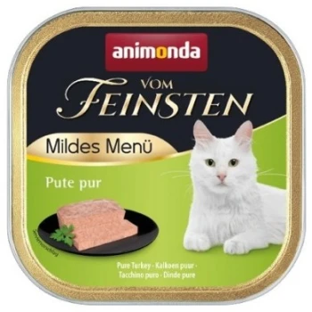 Eine Dose Katzenfutter mit einer weißen Katze neben einem Teller mit reinem Truthahn-Pâté, beschriftet mit "animonda vom Feinsten Mildes Menü Pute pur."