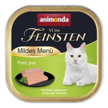 Eine Dose Katzenfutter mit einer weißen Katze neben einem Teller mit reinem Truthahn-Pâté, beschriftet mit "animonda vom Feinsten Mildes Menü Pute pur."