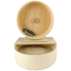 Ein kleiner Hamster läuft auf einem Holzlaufband, mit einem sandigen Substrat darunter in einem runden Behälter, mit dem 'Getzoo'-Logo.