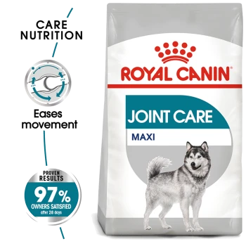 Royal Canin Joint Care Maxi dog food bag with a gray and white dog silhouette, noting "Eases movement" and "97% owner satisfaction."