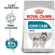 Royal Canin Joint Care Maxi dog food bag with a gray and white dog silhouette, noting "Eases movement" and "97% owner satisfaction."