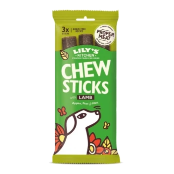 Lily's Kitchen Chew Sticks for dogs, featuring lamb, apples, peas, and mint. Packaged in a green bag with floral designs.