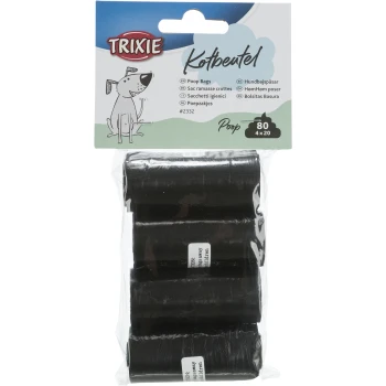 Czarne worki na odchody zapakowane w przezroczystą plastikową torbę z ilustracją psa w kreskówce. Tekst zawiera "Trixie", "Worki na odchody" i "80 (4 x 20)."