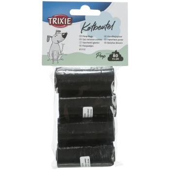 Sacs à crottes noirs emballés dans un plastique transparent avec une illustration de chien de dessin animé. Le texte comprend "Trixie", "Sacs à crottes" et "80 (4 x 20)."