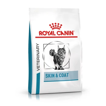 Royal Canin Veterinary Skin & Coat Katzenfutterbeutel mit einer Illustration einer grauen getigerten Katze und einem roten Kronenlogo.