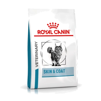Royal Canin Veterinary Skin & Coat Katzenfutterbeutel mit einer Illustration einer grauen getigerten Katze und einem roten Kronenlogo.