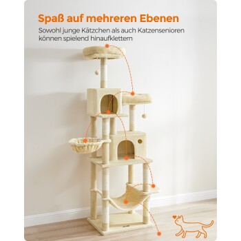 Katzenbaum für Katzen bis zu 7 kg, ideal für bis zu 6 Katzen, mit beschrifteten Abmessungen: Höhe 199 cm, Breite 76,2 cm, Tiefe 109 cm.