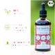 Eine Flasche mit biologischem Haustieröl, beschriftet mit 'BIO BARFÖL', steht auf grünem Gras, mit Symbolen, die Vorteile für Fell, Verdauung und Energie anzeigen.