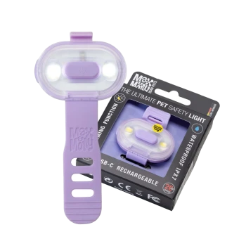 Lila Max & Molly USB-C wiederaufladbares wasserdichtes Haustiersicherheitslicht mit Verpackung.