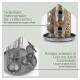 Metallvogelfutterspender mit drei Saatsäulen und rundem Auffangtablett; deutsch/englischer Text über '3 Futterarten' und 'weniger Schmutz & Unkraut'.