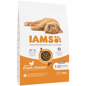 IAMS Kitten-Trockenfutterbeutel mit liegendem orangefarbenem Kätzchen; 'Reich an frischem Huhn', 'Kitten 1–12 Monate', 10 kg.
