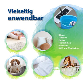 Werbung für Tierreinigung: Vielseitig anwendbar — Böden, Teppiche, Polster, Tierkörbchen, Matratzen, Müll- und Windeleimer.