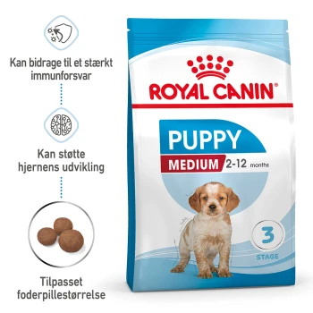 Royal Canin Puppy Medium Hundefutterbeutel, geeignet für Welpen im Alter von 2-12 Monaten, mit Angaben zur Unterstützung des Immunsystems und der Gehirnentwicklung.