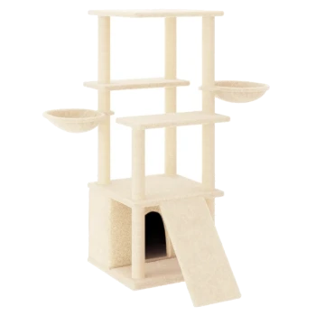 Ein beiger Katzenbaum mit mehreren Ebenen, zwei hängenden Schalen, einer Rampe und einem gemütlichen Versteck an der Basis.