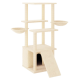 Ein beiger Katzenbaum mit mehreren Ebenen, zwei hängenden Schalen, einer Rampe und einem gemütlichen Versteck an der Basis.