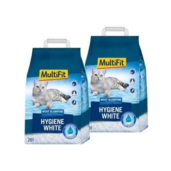 Zwei Beutel MultiFit Hygiene White Katzenstreu, mit einer grauen Katze auf der Vorderseite, mit der Aufschrift "Nicht Klumpend" und "20l."