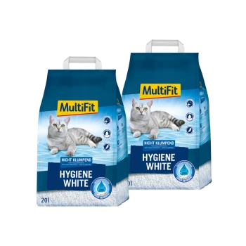 Zwei Beutel MultiFit Hygiene White Katzenstreu, mit einer grauen Katze auf der Vorderseite, mit der Aufschrift "Nicht Klumpend" und "20l."